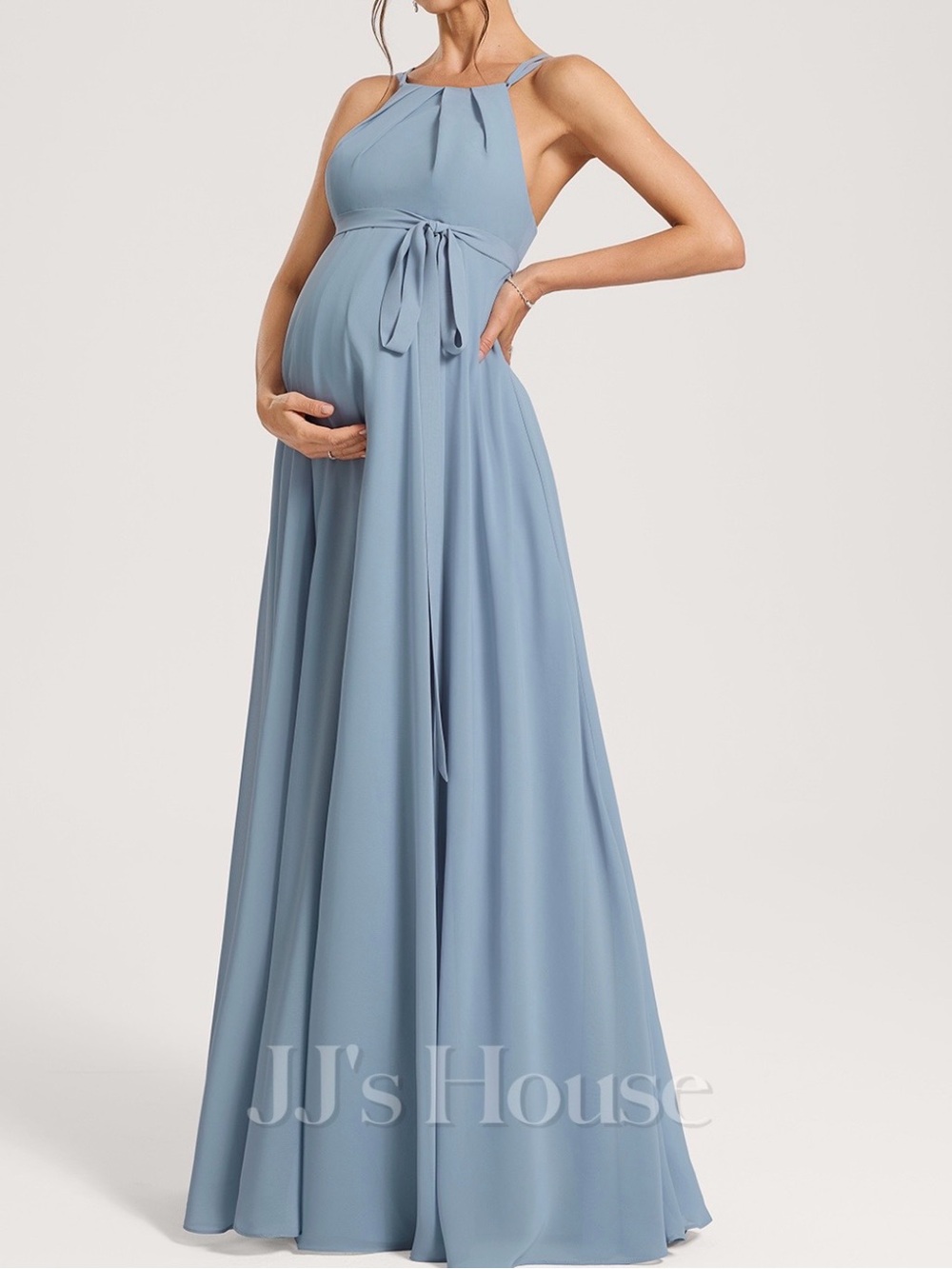 JJs House Dusty Blue Halter Maternity Maxi Dress